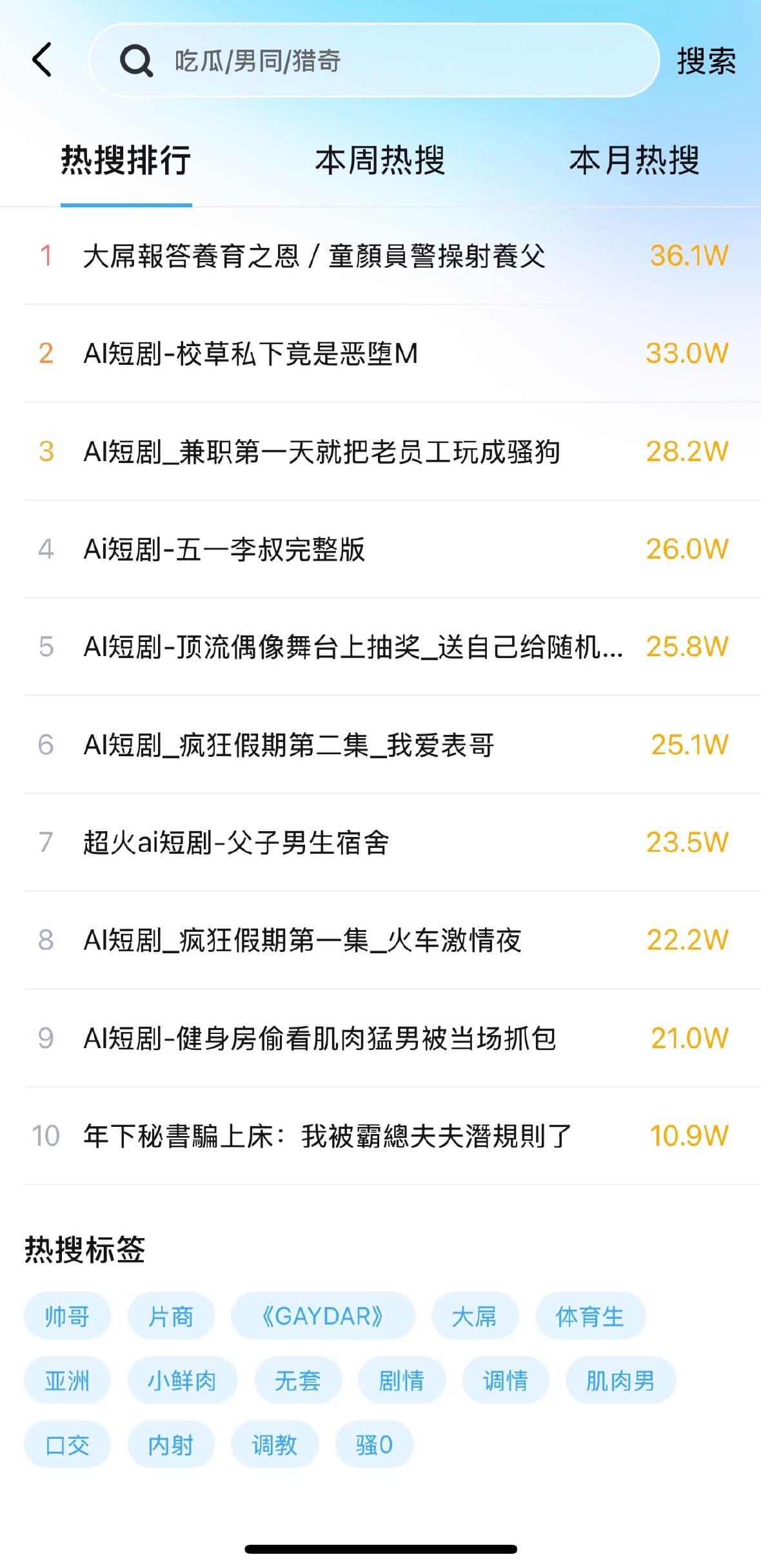 Blued小蓝搜索页热搜排行与话题标签云界面